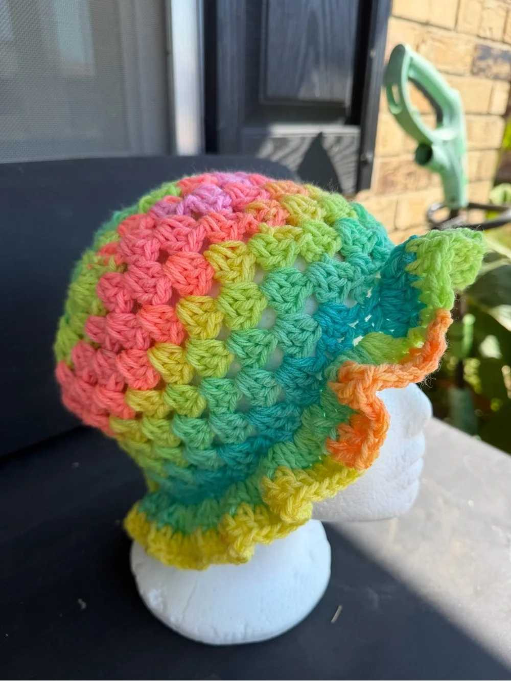 Handmade Kids Crochet Beanie in Green, Pink and Aqua
